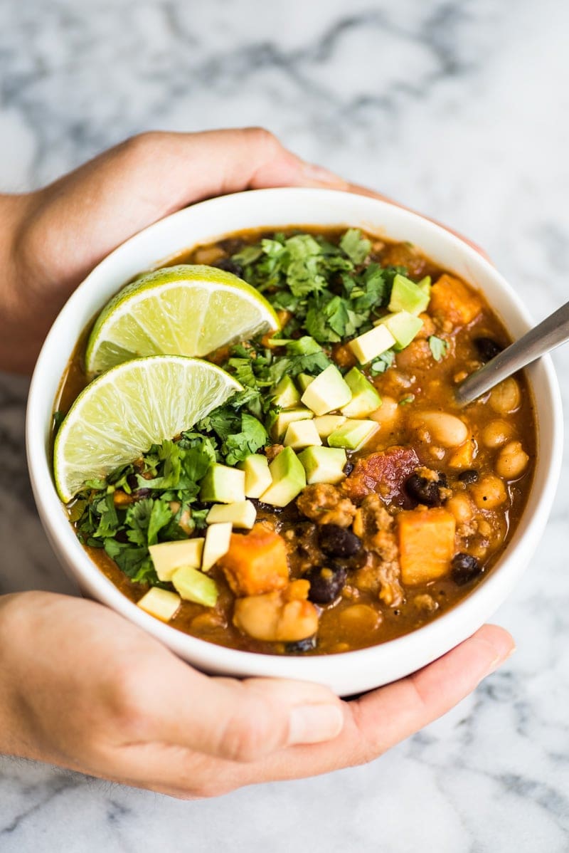 Turkey pumpkin chili in a bowl.