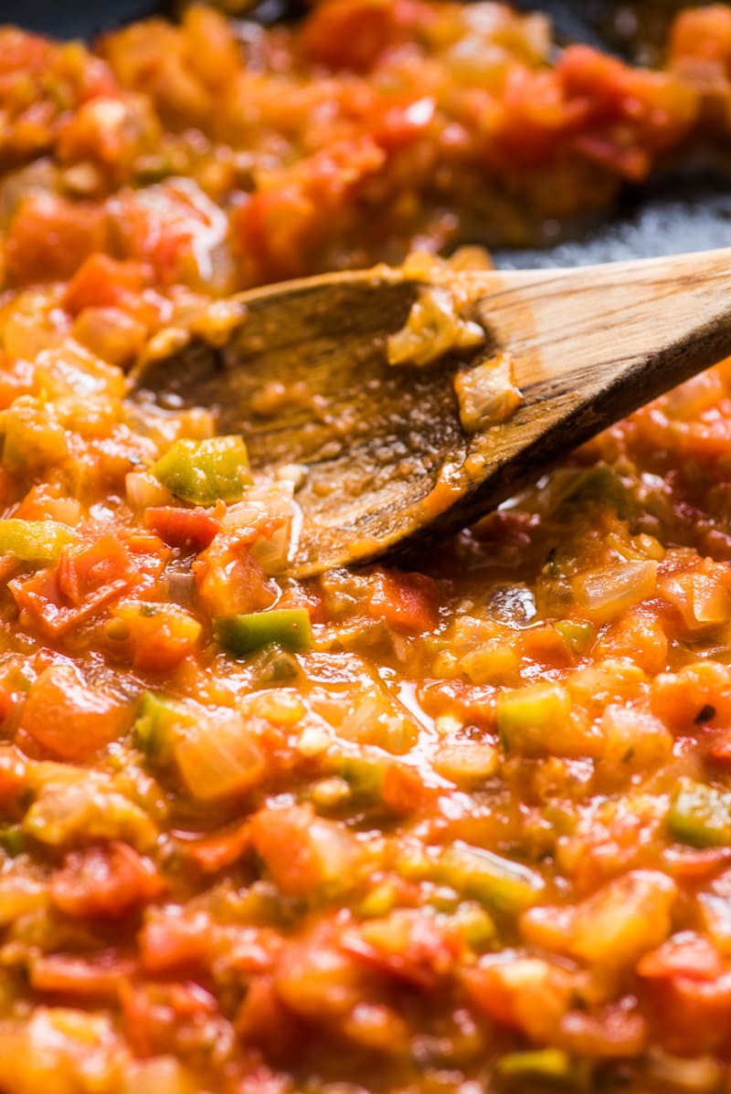 Salsa in a skillet for huevos rancheros.