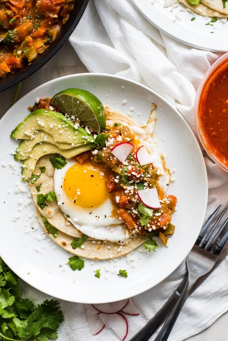 Huevos rancheros on a plate ready to serve.