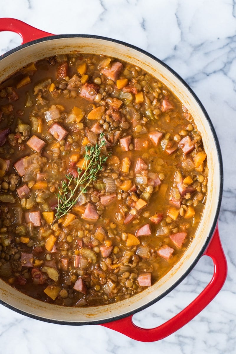 A pot of spicy lentil soup.