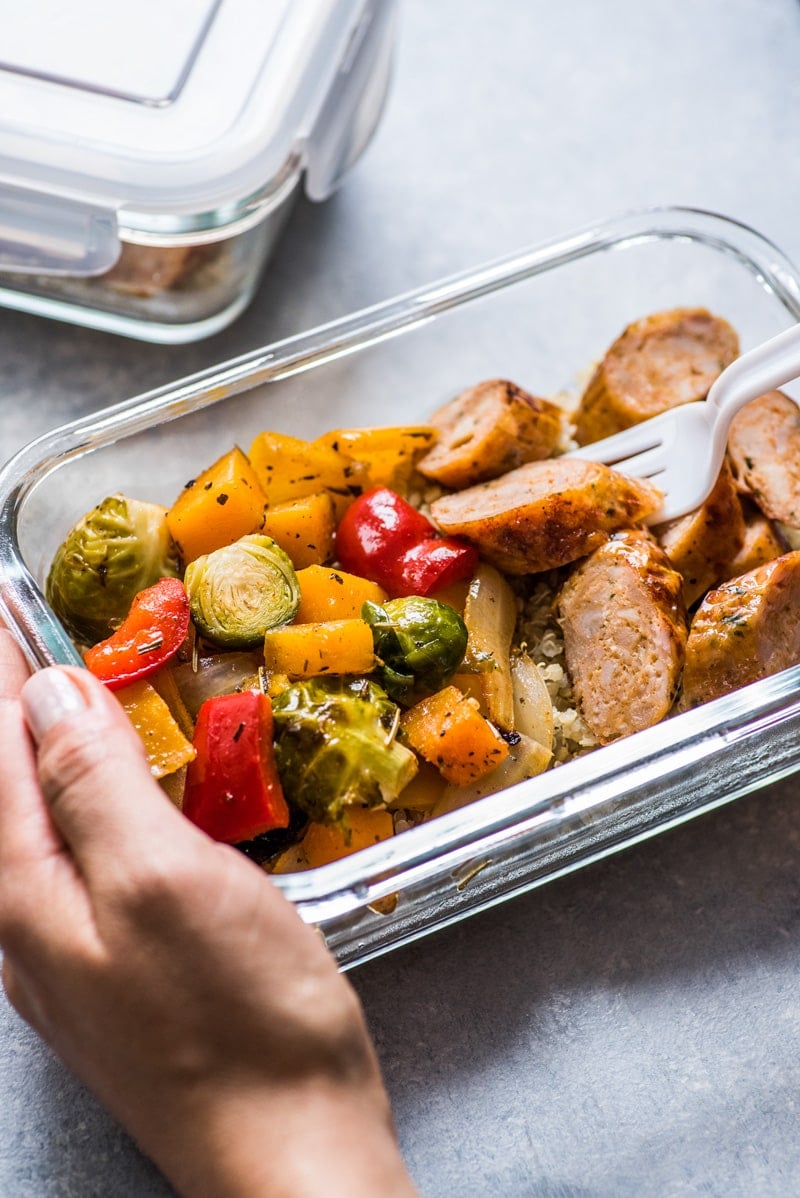 This Healthy Sheet Pan Sausage and Veggies recipe is easy, delicious and perfect for meal prep. It's gluten free, dairy free, paleo and Whole30.