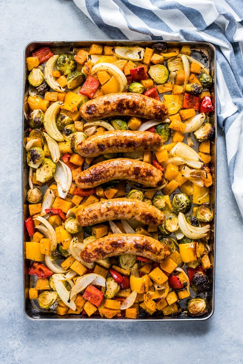 This Healthy Sheet Pan Sausage and Veggies recipe is easy, delicious and perfect for meal prep. It's gluten free, dairy free, paleo and Whole30.