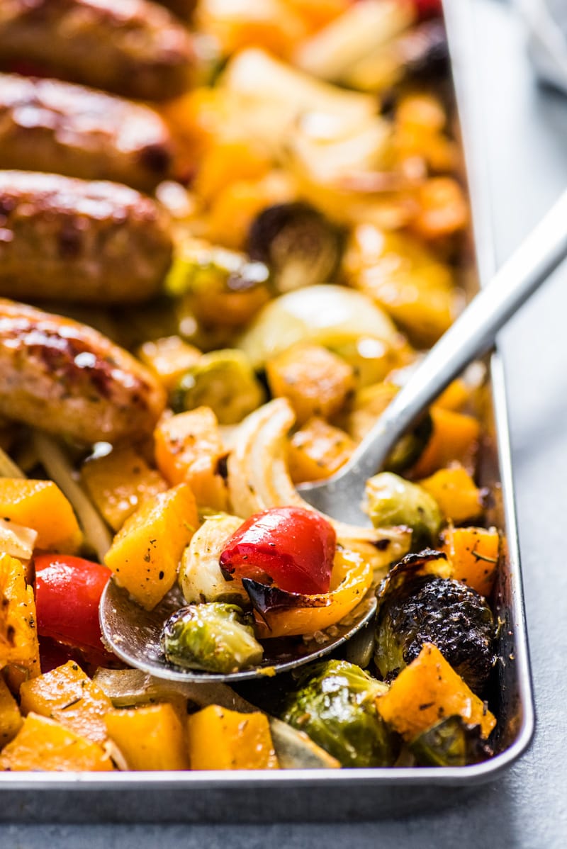 This Healthy Sheet Pan Sausage and Veggies recipe is easy, delicious and perfect for meal prep. It's gluten free, dairy free, paleo and Whole30.