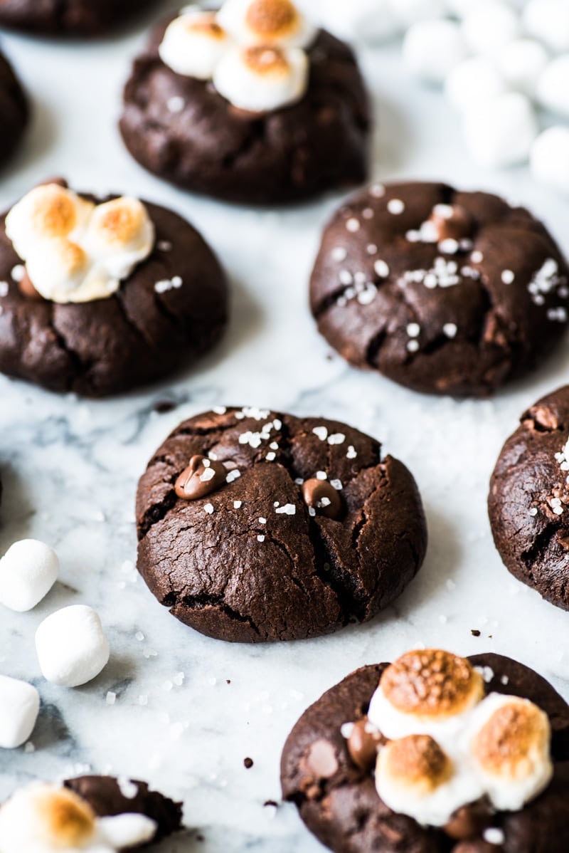 Mexican hot chocolate cookies topped with marshmallows and sea salt.