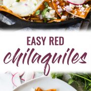 This Easy Red Chilaquiles recipe features baked corn tortillas, a red chile sauce and sunny side up eggs. Ready in 25 minutes! (gluten free, vegetarian)
