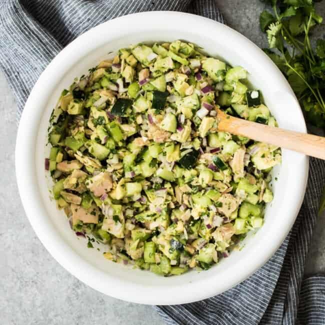 This Avocado Tuna Salad combines healthy fat from avocados and lean protein from tuna for a quick and easy mayo-free lunch or snack! It's also gluten free, low carb and paleo. Ready in only 10 minutes!