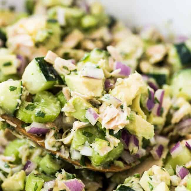 This Avocado Tuna Salad combines healthy fat from avocados and lean protein from tuna for a quick and easy mayo-free lunch or snack! It's also gluten free, low carb and paleo. Ready in only 10 minutes!
