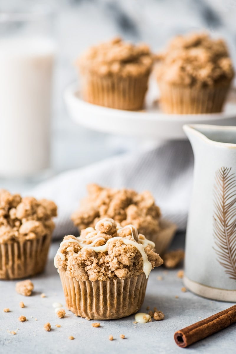 These cinnamon coffee cake muffins topped with a crunchy streusel topping are made with Greek yogurt for a healthier homemade treat!