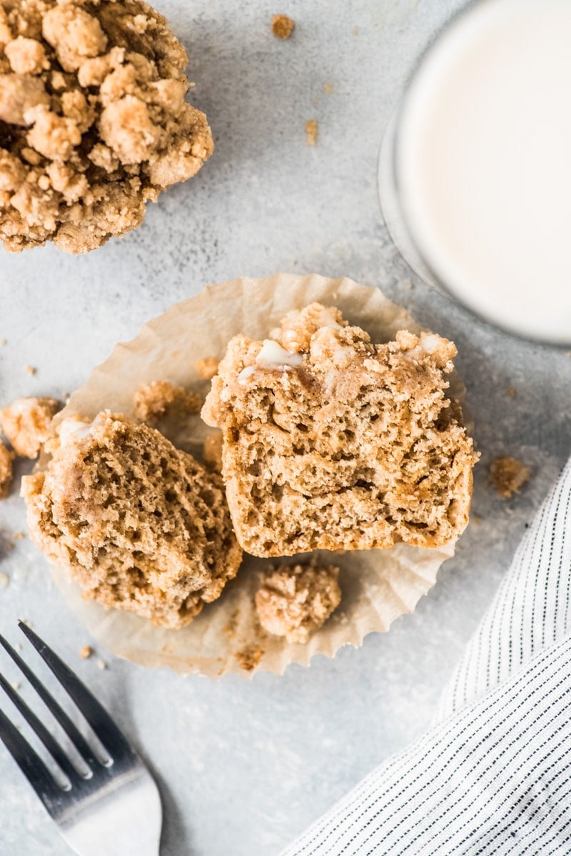 These cinnamon coffee cake muffins topped with a crunchy streusel topping are made with Greek yogurt for a healthier homemade treat!