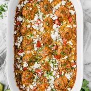 Gluten free chicken meatballs covered in a red enchilada sauce