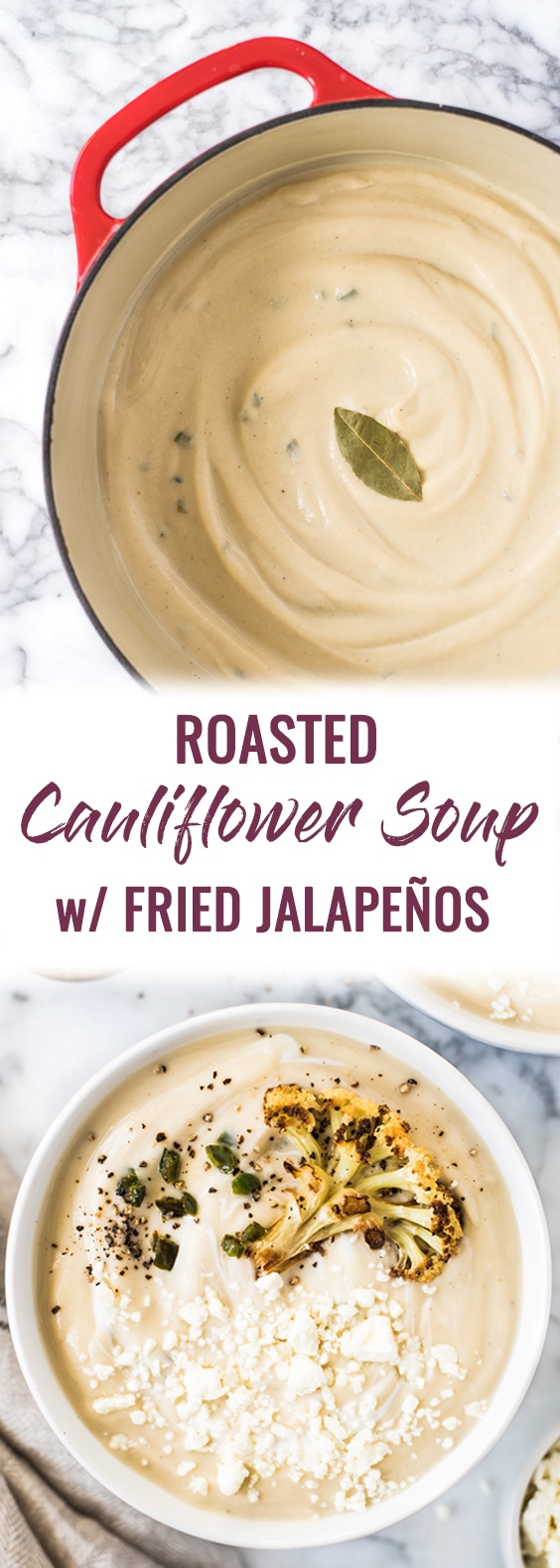 This Roasted Cauliflower Soup with Fried Jalapeños is thick, creamy and loaded with healthy veggies. It's also gluten free, paleo, vegetarian and vegan! #cauliflower #soup #paleo #glutenfree #vegan