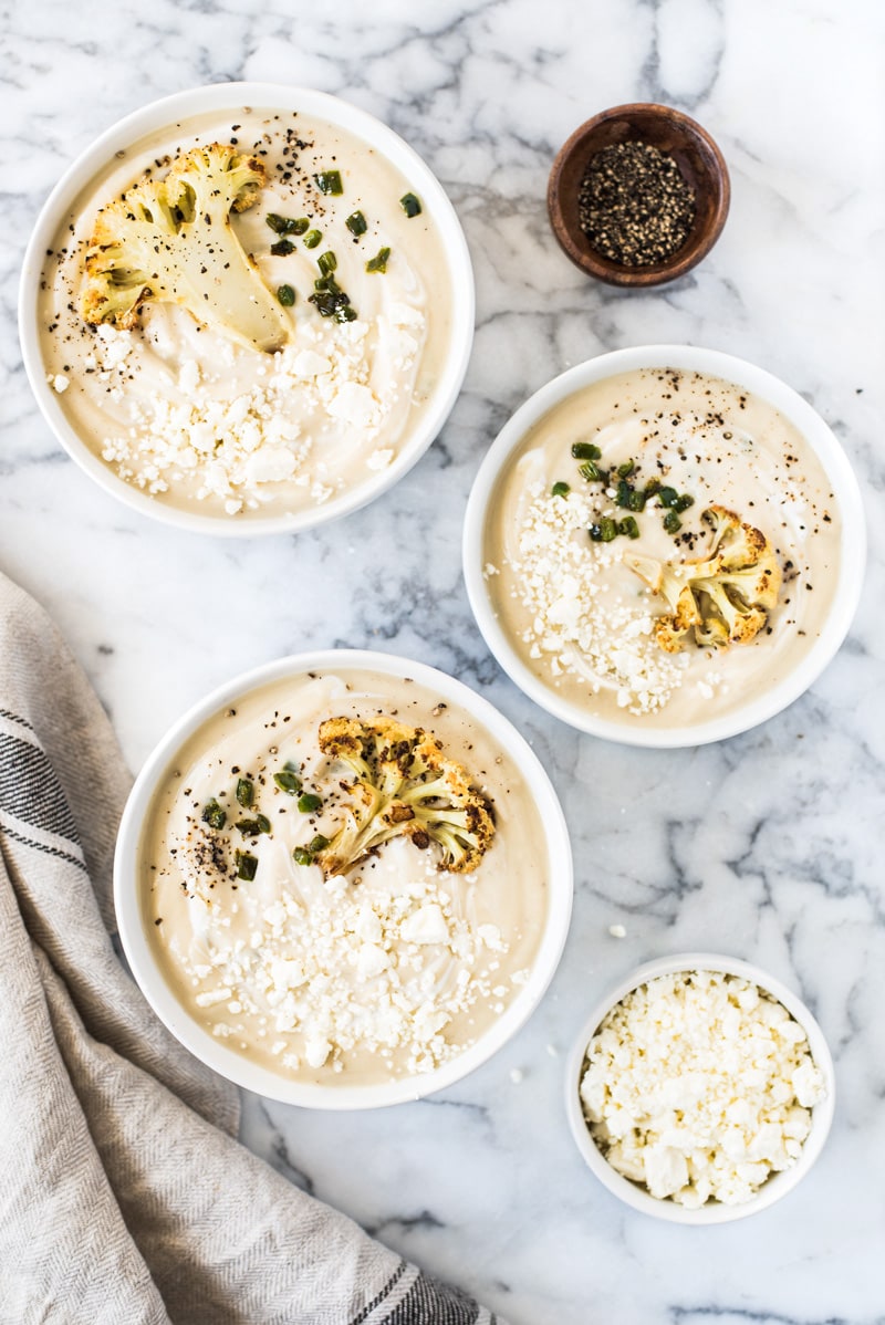 This Roasted Cauliflower Soup with Fried Jalapeños is thick, creamy and loaded with healthy veggies. It's also gluten free, paleo, vegetarian and vegan!