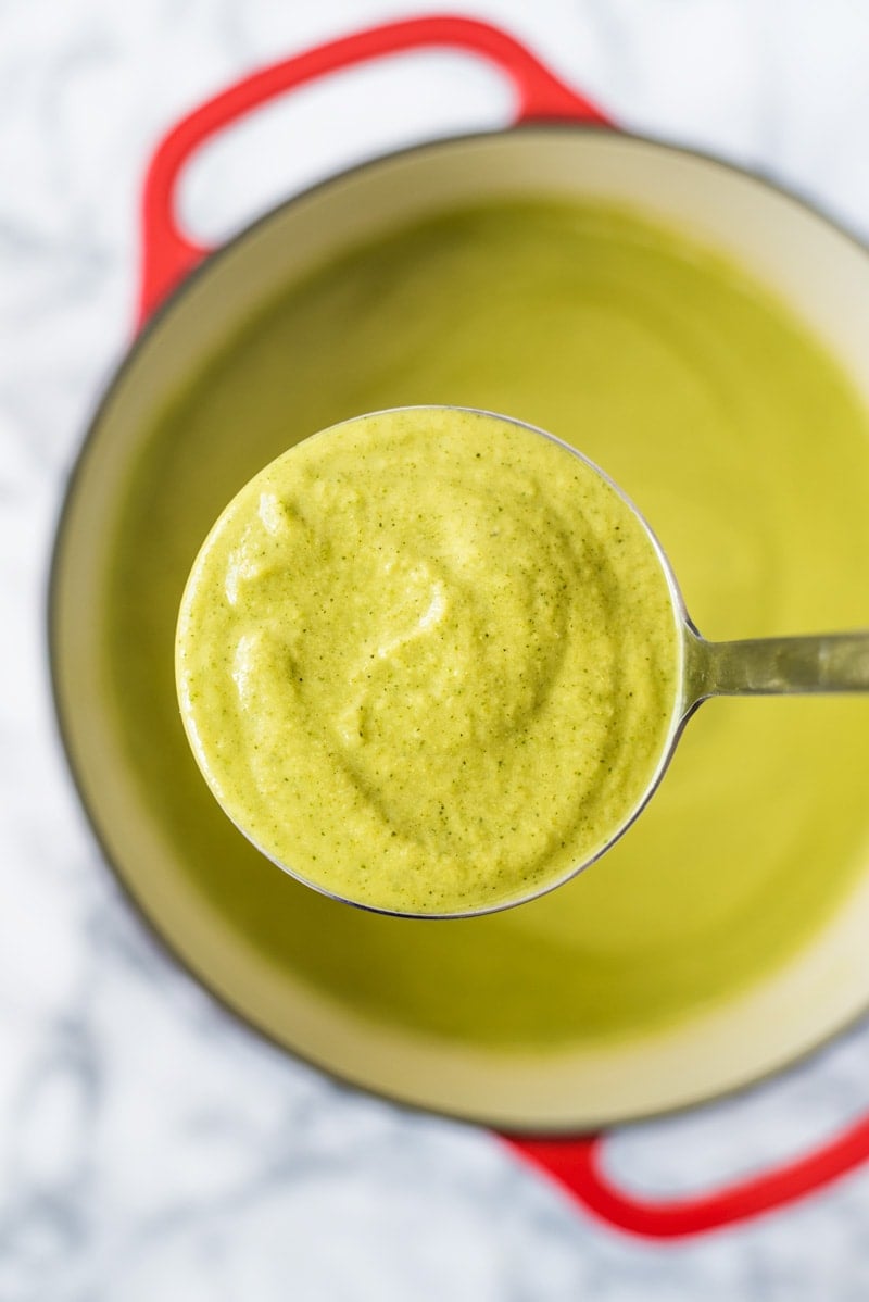 This Roasted Poblano Broccoli Soup is made with roasted poblano peppers, caramelized onions and an entire pound of broccoli for healthy and comforting soup that's gluten free, dairy free, vegetarian and vegan!