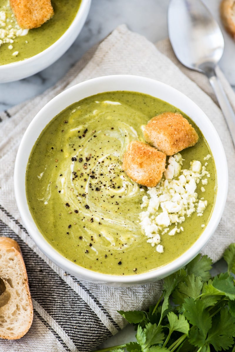 This Roasted Poblano Broccoli Soup is made with roasted poblano peppers, caramelized onions and an entire pound of broccoli for healthy and comforting soup that's gluten free, dairy free, vegetarian and vegan!