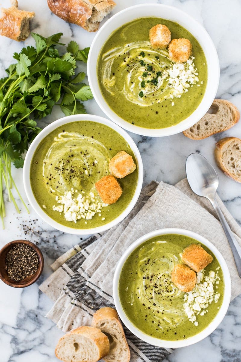 This Roasted Poblano Broccoli Soup is made with roasted poblano peppers, caramelized onions and an entire pound of broccoli for healthy and comforting soup that's gluten free, dairy free, vegetarian and vegan!