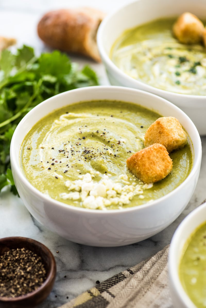 This Roasted Poblano Broccoli Soup is made with roasted poblano peppers, caramelized onions and an entire pound of broccoli for healthy and comforting soup that's gluten free, dairy free, vegetarian and vegan!