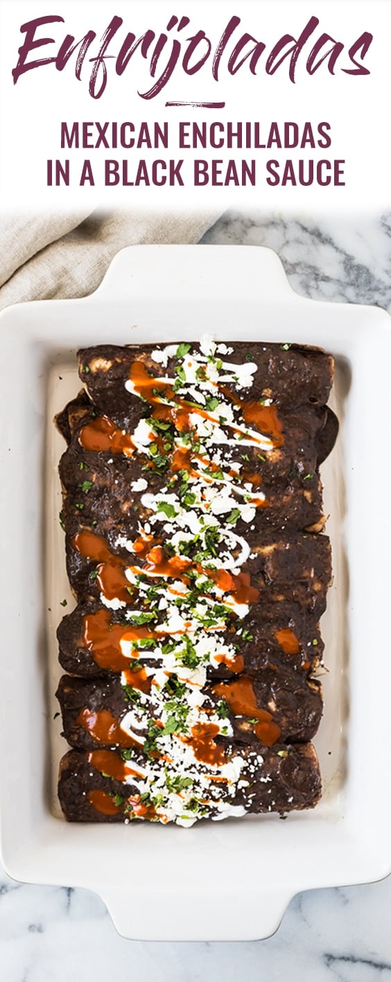 Enfrijoladas - Mexican enchiladas covered in a black bean sauce stuffed with cheese and ready in only 15 minutes! (vegetarian, gluten free) #enfrijoladas #vegetarian #mexicanfood #glutenfree | mexican recipe | black bean enchiladas | vegetarian mexican recipe | gluten free mexican recipe | 15 minutes or less | 30 minutes or less | easy dinner recipe