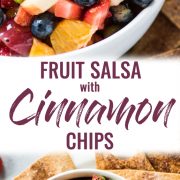 This Fruit Salsa with Cinnamon Chips recipe is made with 6 different types of fruit and is served with baked cinnamon sugar tortilla chips for a fun appetizer or healthy dessert! #fruitsalsa #fruitsalad #healthyappetizer #healthydessert | fruit salad | party appetizer | healthy appetizer | healthy dessert | summer dessert | churro chips | cinnamon sugar tortilla chips