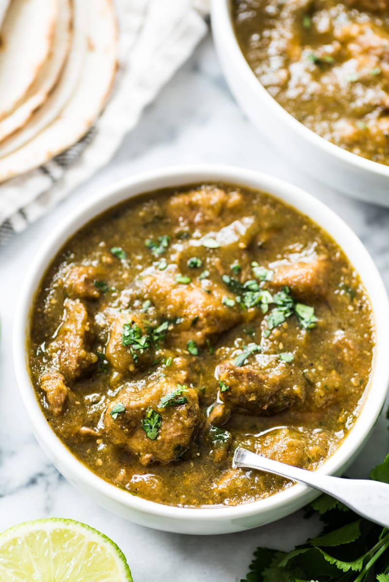 This Mexican Pork Chile Verde is made of tender pieces of pork simmered in a flavorful tomatillo and chile broth. Serve in a bowl or with a side of rice for an authentic Mexican meal! (low carb, gluten free, paleo)