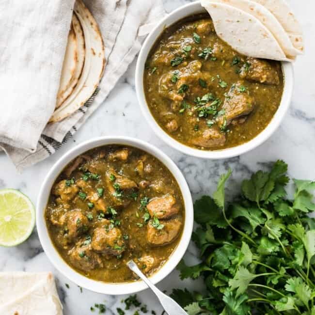 This Mexican Pork Chile Verde is made of tender pieces of pork simmered in a flavorful tomatillo and chile broth. Serve in a bowl or with a side of rice for an authentic Mexican meal! (low carb, gluten free, paleo)