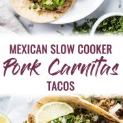Seasoned with oregano, cumin, chili powder, lime juice, these Mexican Slow Cooker Pork Carnitas Tacos are the perfect meal for any night of the week. (gluten free, dairy free, paleo, healthy, clean eating) // isabeleats.com