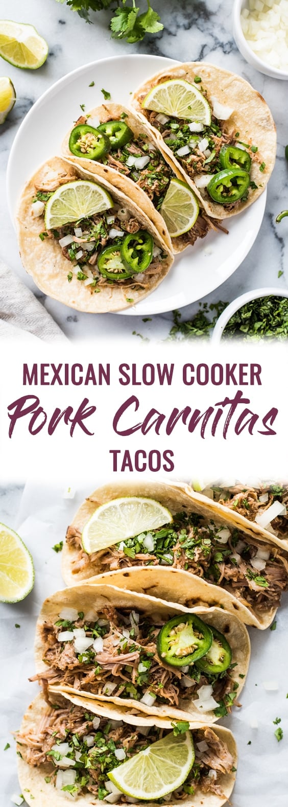 Seasoned with oregano, cumin, chili powder, lime juice, these Mexican Slow Cooker Pork Carnitas Tacos are the perfect dinner for any night of the week. (gluten free, dairy free, paleo, healthy, clean eating) | pork tacos | carnitas recipe | authentic mexican recipe | slow cooker carnitas | crock pot | pulled pork tacos | street tacos