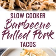 These Slow Cooker BBQ Pulled Pork Tacos served with a cilantro lime coleslaw are easy to make and perfect for healthy weeknight meals! The recipe is gluten free and freezer-friendly.