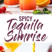 This Spicy Tequila Sunrise is made with orange juice, tequila, jalapeños and grenadine. It's the perfect cocktail for brunch or any celebration! #tequila #cocktail #brunch