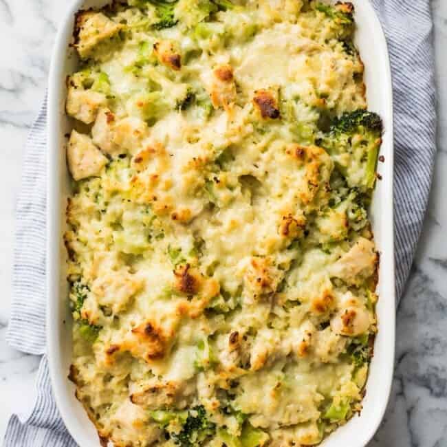 This low carb and cheesy Broccoli Cauliflower Rice Chicken Casserole recipe is perfect for dinner and makes great leftovers. It's also gluten free!
