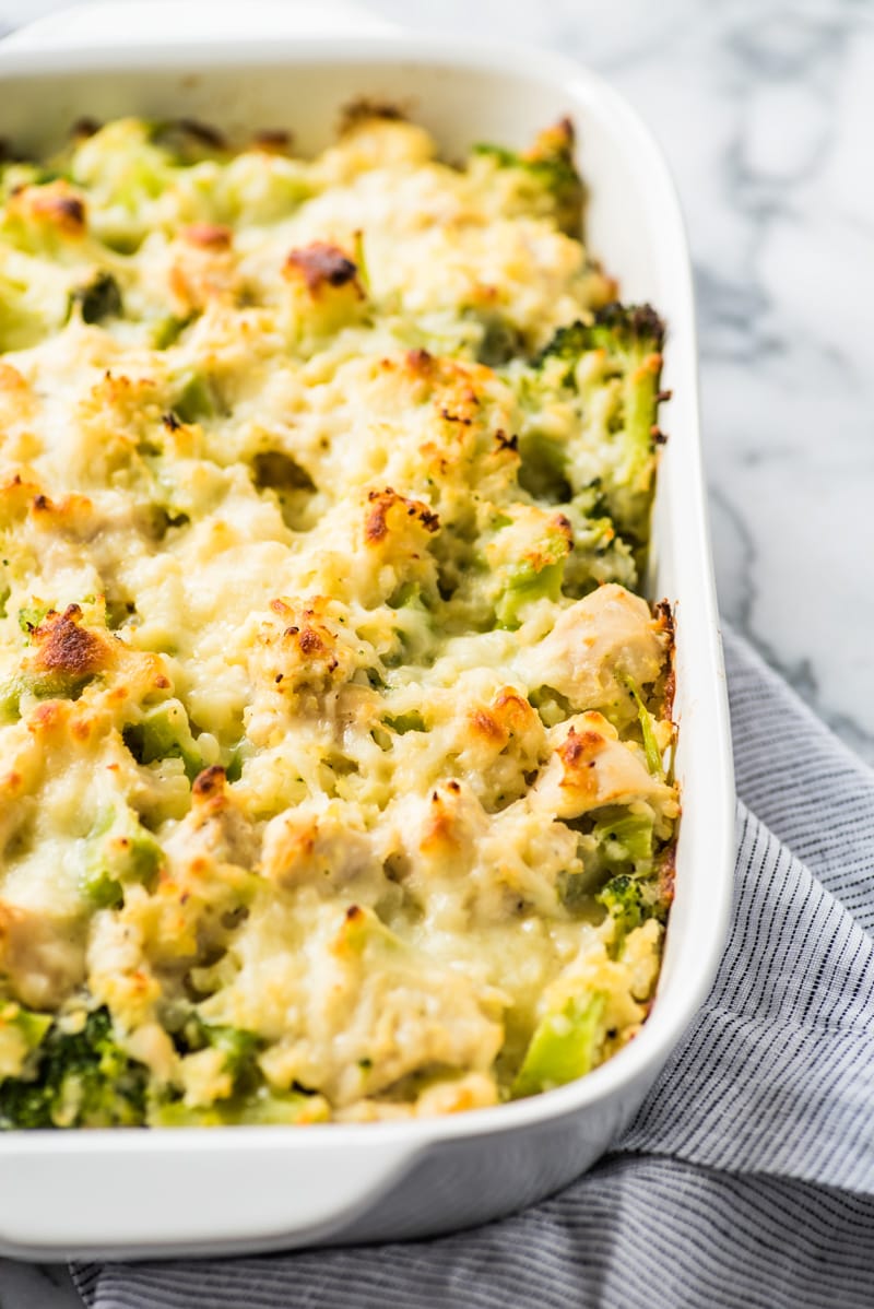 This low carb and cheesy Broccoli Cauliflower Rice Chicken Casserole recipe is perfect for dinner and makes great leftovers. It's also gluten free!