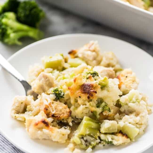 This low carb and cheesy Broccoli Cauliflower Rice Chicken Casserole recipe is perfect for dinner and makes great leftovers. It's also gluten free!