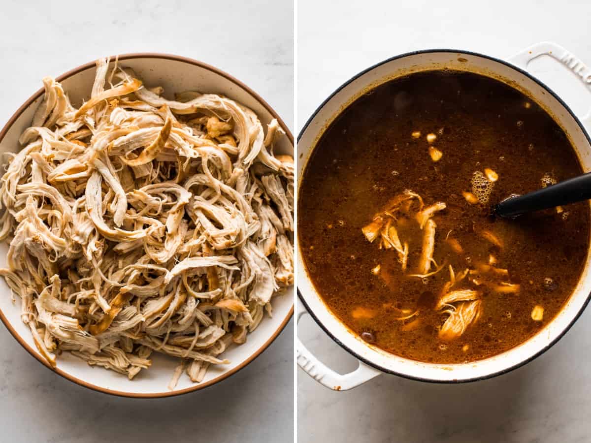 Shredded chicken on a plate and being mixed into a Dutch oven full of chicken tortilla soup.