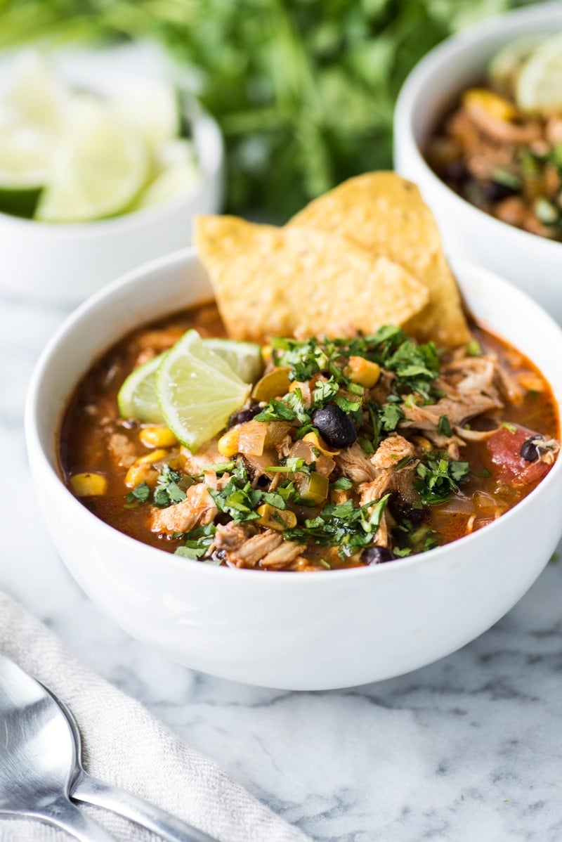 This Chicken Tortilla Soup recipe has the perfect amount of spice alongside a healthy serving of vegetables. (gluten free, low carb, freezer friendly)