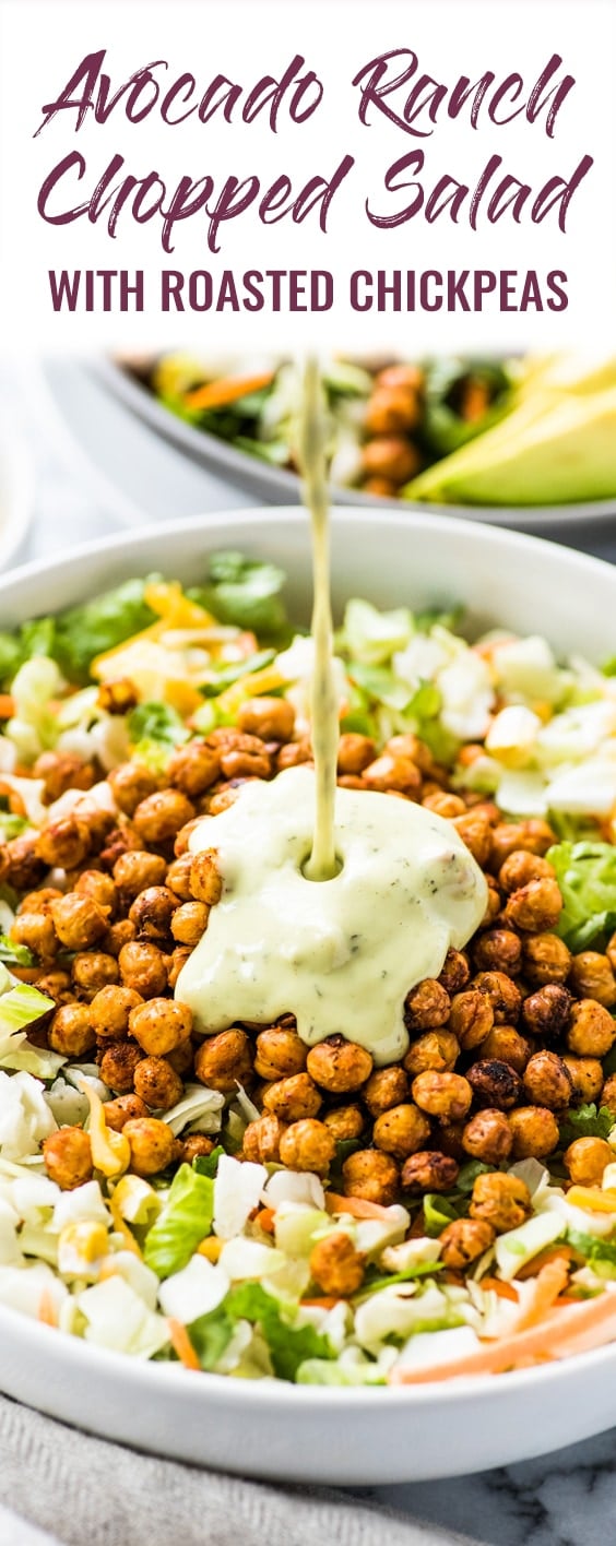 This Avocado Ranch Chopped Salad is loaded with freshly chopped veggies, crispy Mexican roasted chickpeas and creamy avocado ranch dressing! (gluten free, vegetarian)