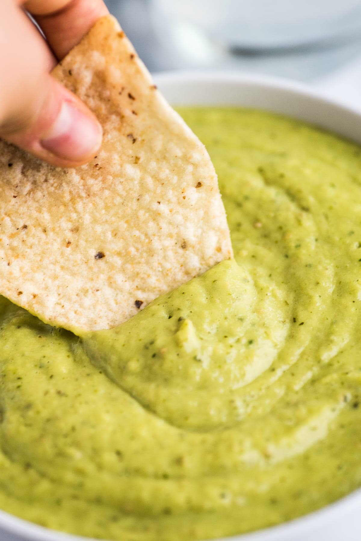 Guacamole salsa with a tortilla chip.