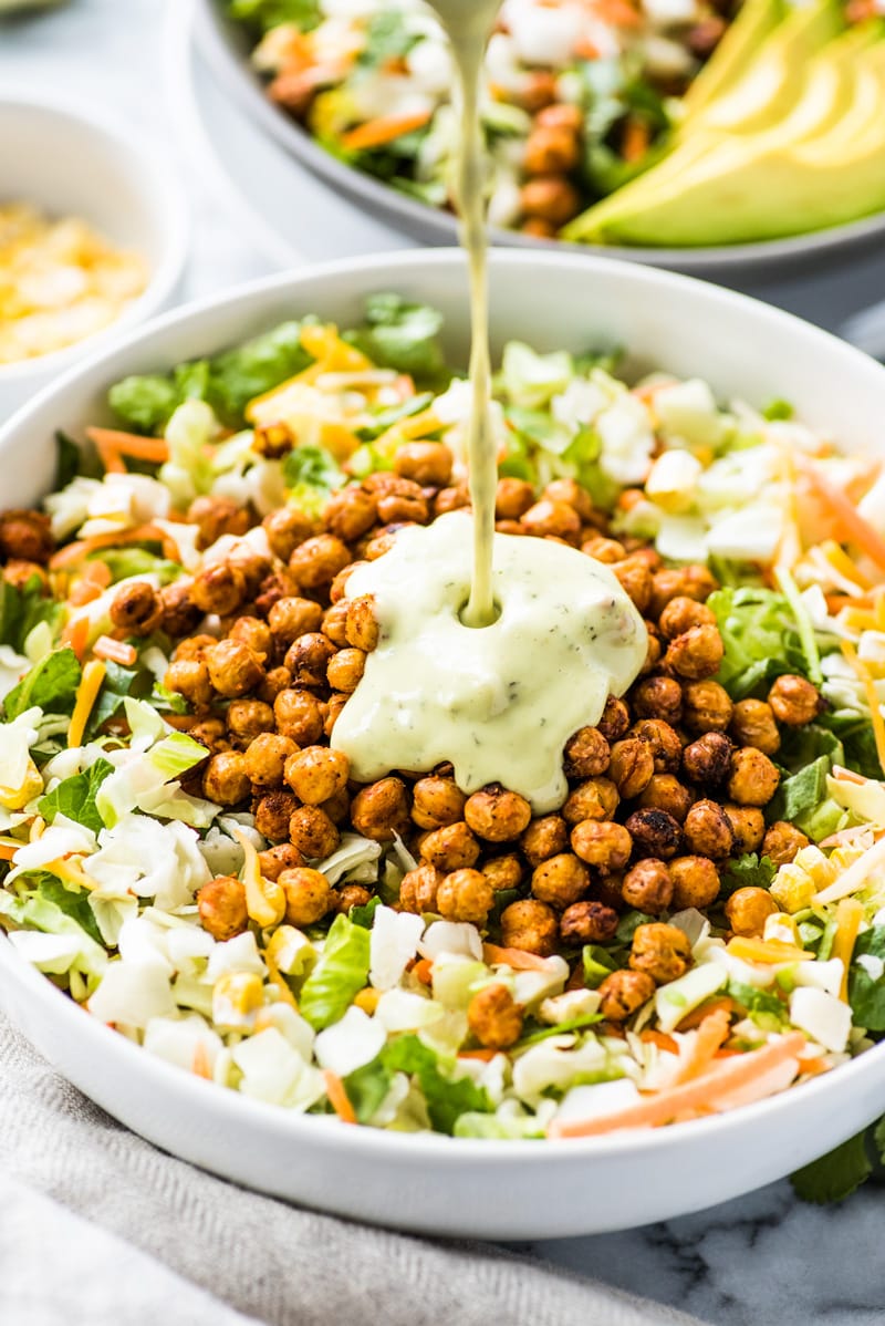 This Roasted Chickpeas Salad is loaded with TTaylor Farms chopped veggies, crispy Mexican roasted chickpeas and creamy avocado ranch dressing! (gluten free, vegetarian)