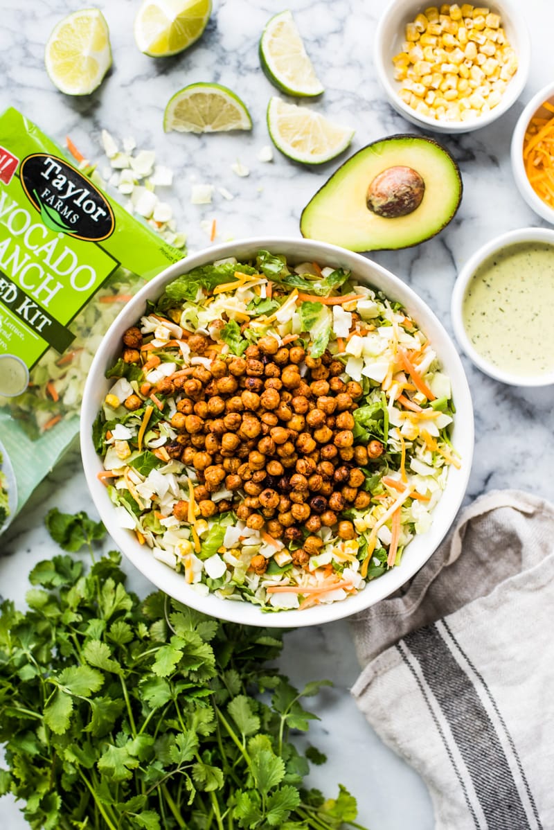 This Avocado Ranch Chopped Salad is loaded with freshly chopped veggies, crispy Mexican roasted chickpeas and creamy avocado ranch dressing! (gluten free, vegetarian)