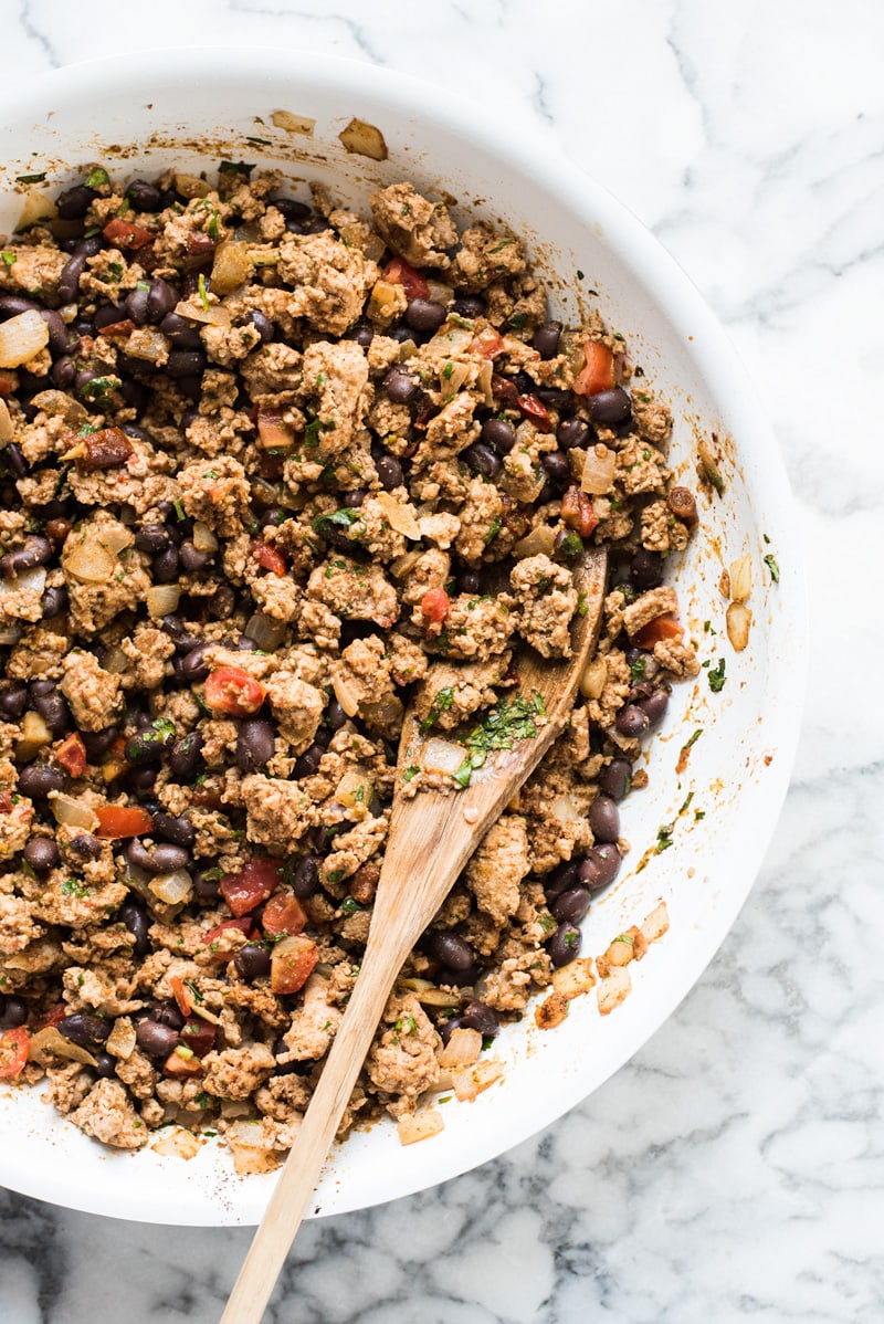 Ground turkey filling seasoned with chipotle peppers, black beans and cilantro.