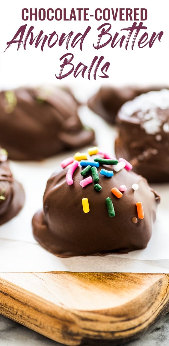 These chocolate covered almond butter balls are made with only 3 ingredients and are the perfect healthy dessert! All you need is almond butter, coconut flour and chocolate chips! (gluten free, paleo, vegetarian, vegan) #healthydessert #paleo #glutenfree | no bake almond butter bites | energy balls | energy bites | refined sugar free | diet friendly dessert