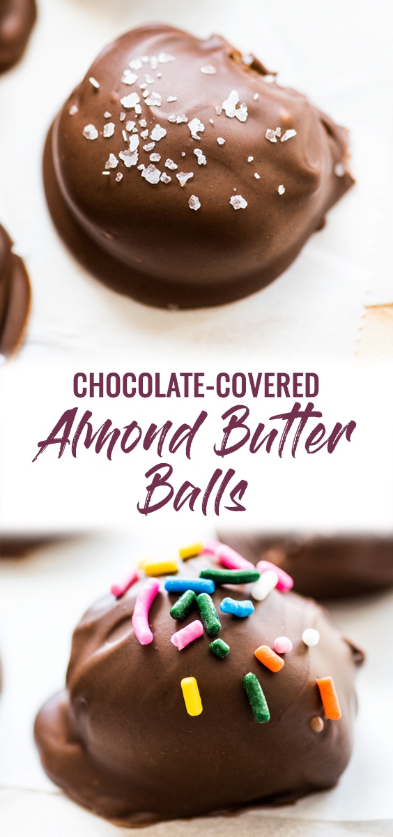 These chocolate covered almond butter balls are made with only 3 ingredients and are the perfect healthy dessert! All you need is almond butter, coconut flour and chocolate chips! (gluten free, paleo, vegetarian, vegan) #healthydessert #paleo #glutenfree | no bake almond butter bites | energy balls | energy bites | refined sugar free | diet friendly dessert