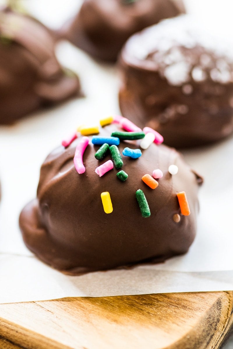 These chocolate covered almond butter balls are made with only 3 ingredients and are the perfect healthy dessert! All you need is almond butter, coconut flour and chocolate chips! (gluten free, paleo, vegetarian, vegan)