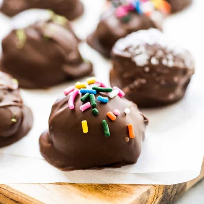 These chocolate covered almond butter balls are made with only 3 ingredients and are the perfect healthy dessert! All you need is almond butter, coconut flour and chocolate chips! (gluten free, paleo, vegetarian, vegan)