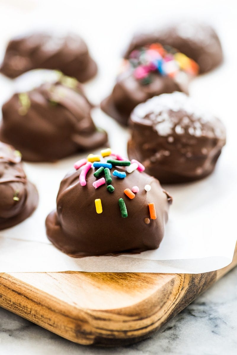 These chocolate covered almond butter balls are made with only 3 ingredients and are the perfect healthy dessert! All you need is almond butter, coconut flour and chocolate chips! (gluten free, paleo, vegetarian, vegan)