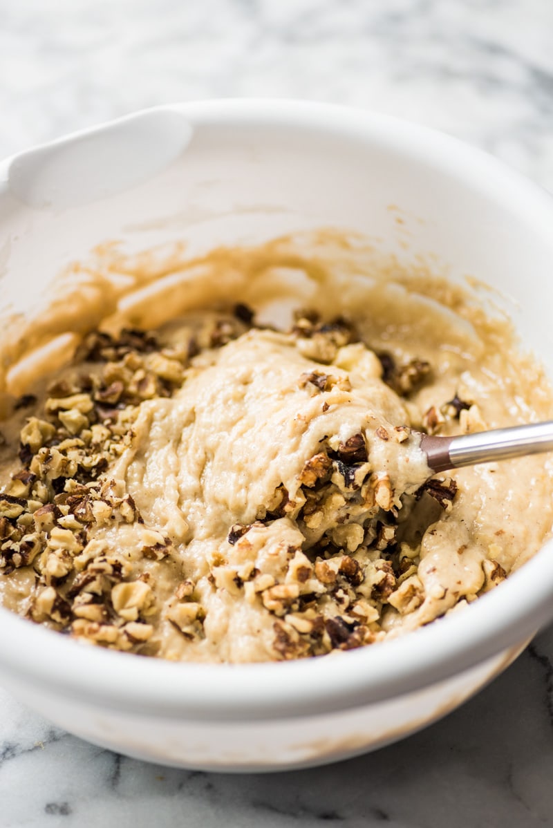 Bowl with batter for banana walnut bread