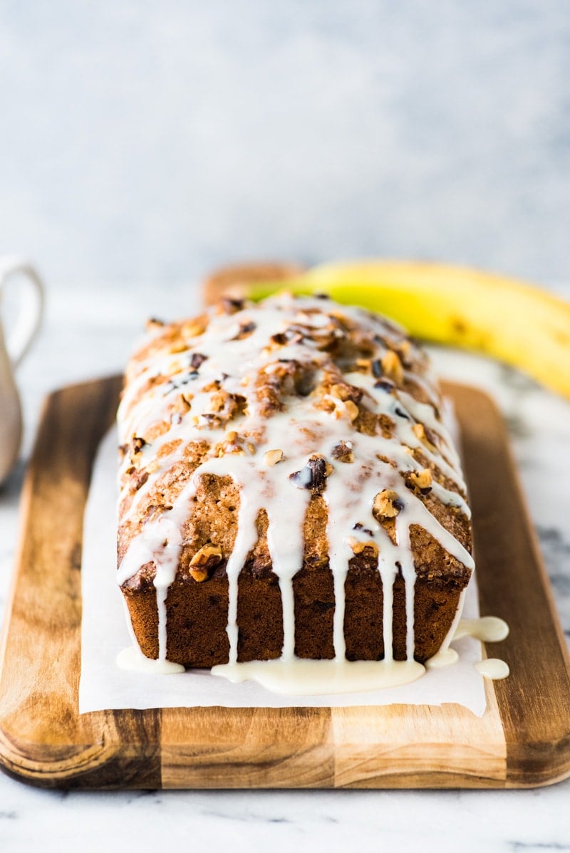 Banana nut bread with glaze on top