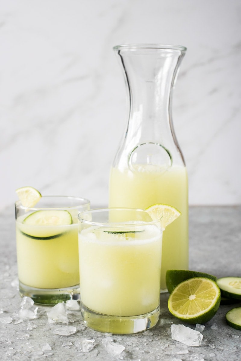 Cucumber Agua Fresca (also called Agua de Pepino) is made with refreshing cucumber, a spritz of lime juice, a touch of sugar and ice cold water. Perfect on a hot summer day!