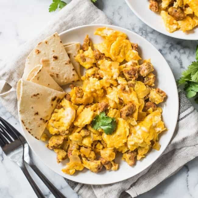 This Chorizo and Eggs recipe is an easy to make Mexican breakfast full of delicious authentic flavors ready in under 25 minutes! (low carb, paleo, gluten free, vegetarian option available)