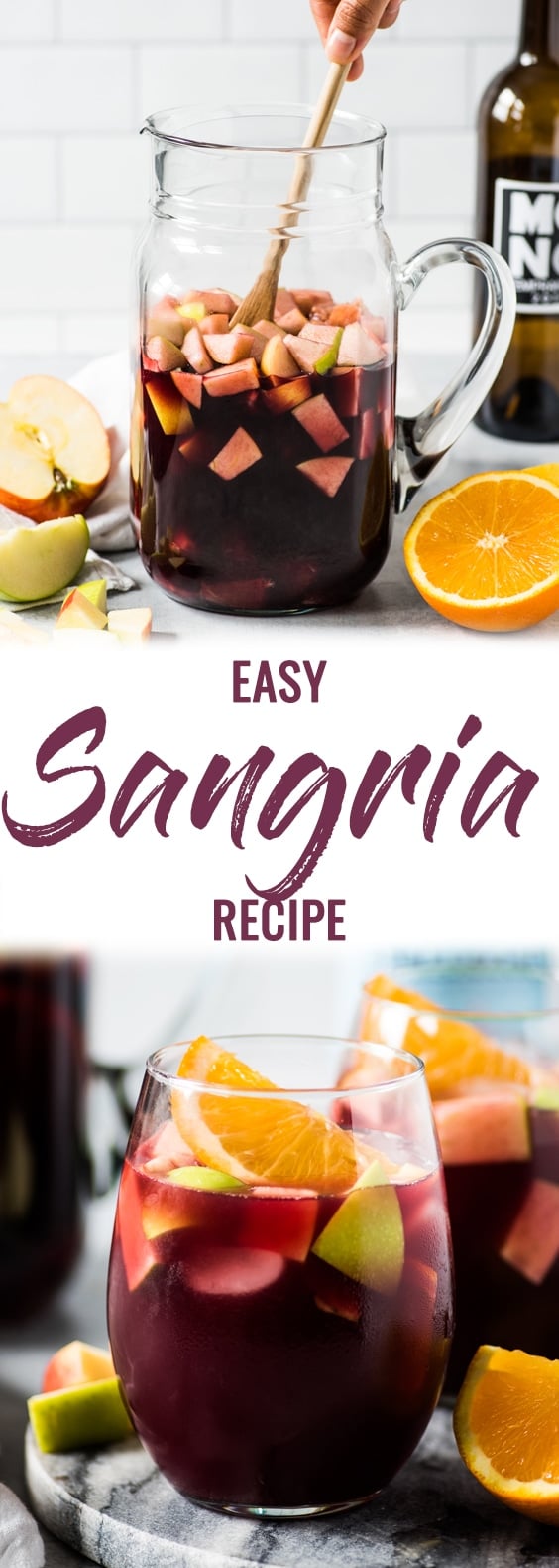 This Sangria Recipe is made with only 6 ingredients including diced apples, oranges and Spanish red wine and is the easiest red sangria ever! It's the perfect easy summer drink for a crowd and requires only 5 minutes to make! #sangria #drink #wine