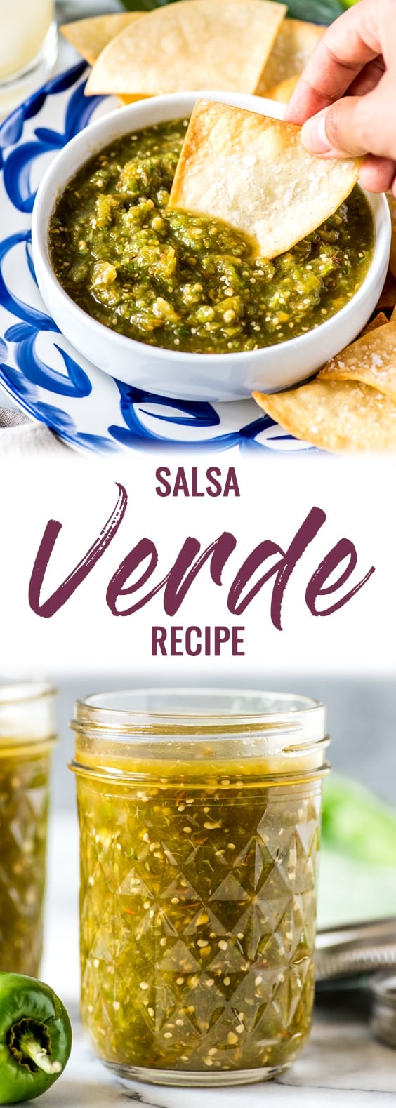 This Easy Salsa Verde Recipe made with tomatillos and jalapenos can be used in dozens of Mexican dishes. It's gluten-free, dairy-free, vegetarian and vegan. #salsa #salsaverde #tomatillosalsa #mexican
