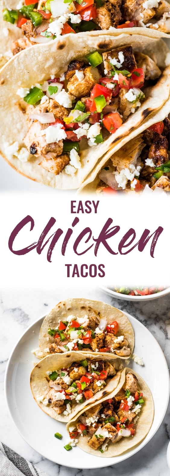 These simple yet flavorful chicken tacos are easy to make and filled with super juicy and delicious boneless skinless chicken thighs. Perfect for weeknight meals and makes great leftovers! #tacos #mexican #glutenfree